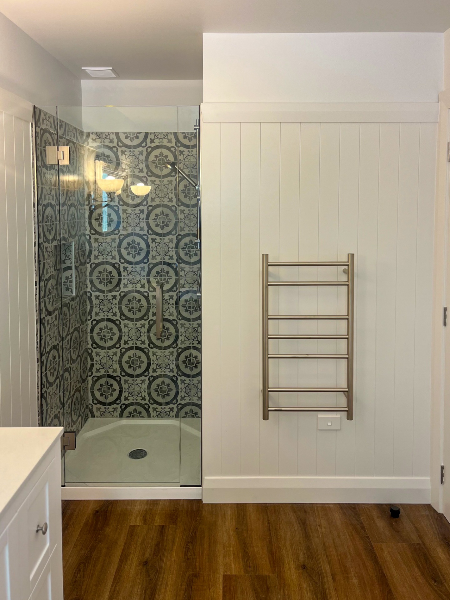 Tiled walk-in shower in the new Greendale bathroom