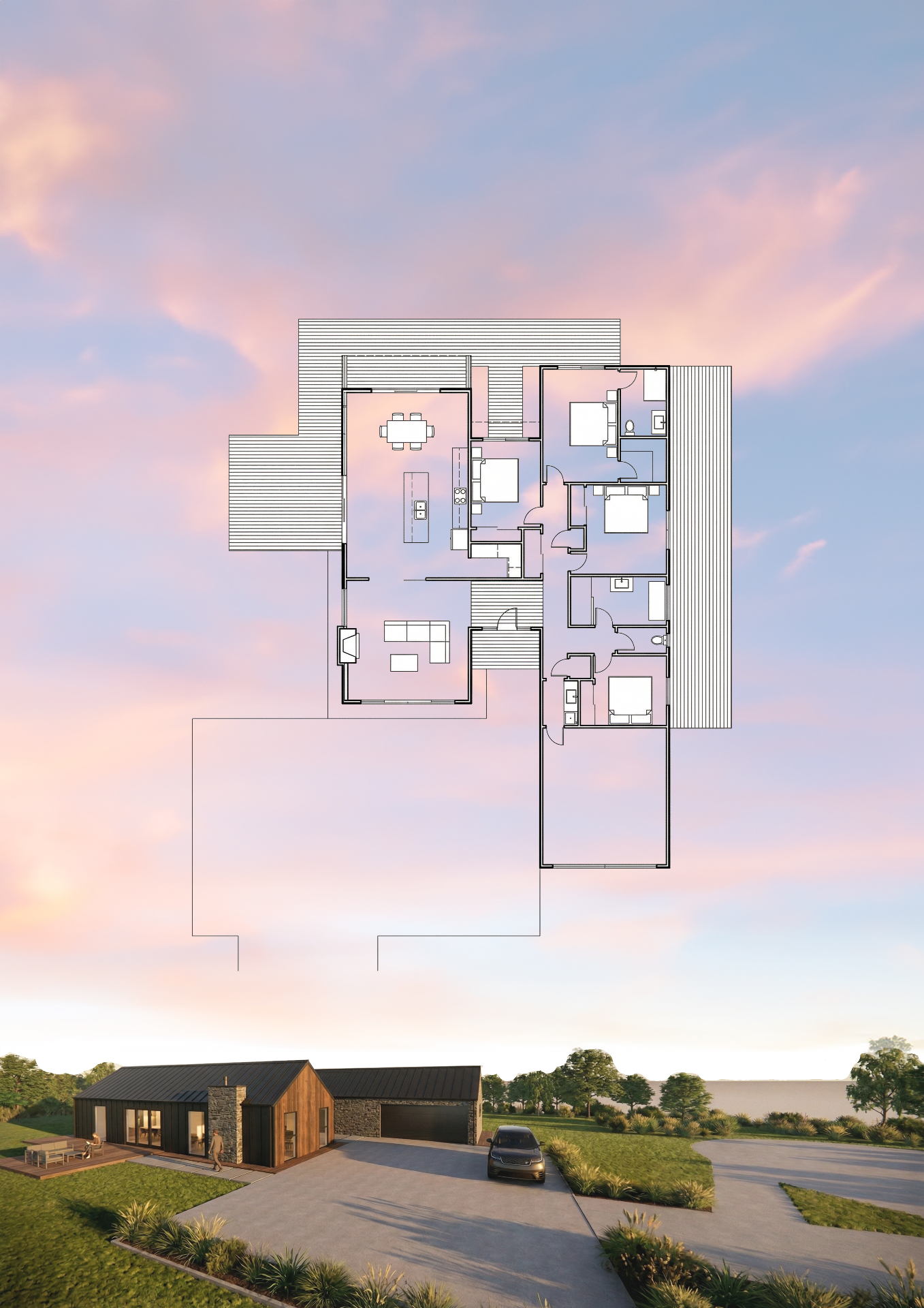 Modern Family Home — floor plan with exterior render