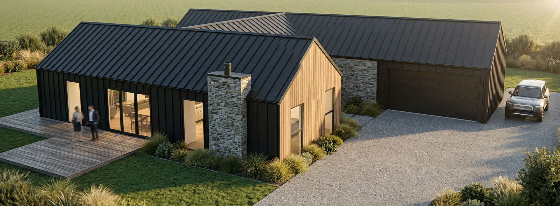 Modern Family Home architectural render — exterior with stone, timber and black cladding