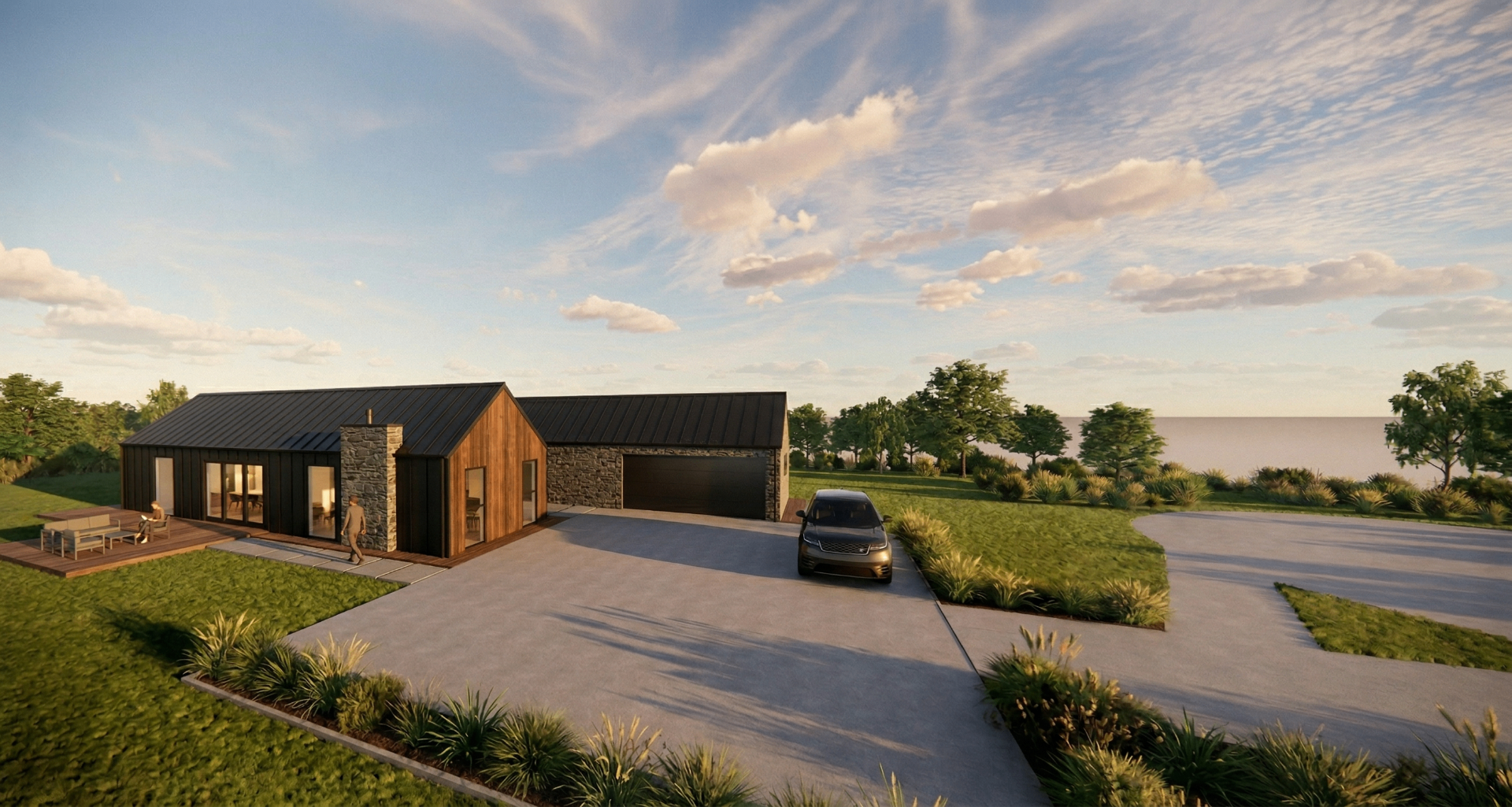 Modern Family Home architectural render — aerial view at dusk